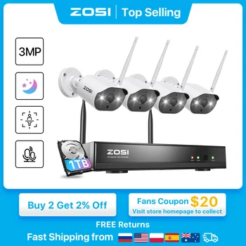 ZOSI 무선 보안 카메라 시스템, 야외 IP 카메라, 와이파이 비디오 감시 키트, 8 채널, H.265, 2K CCTV NVR 및 3MP HD, 3MP