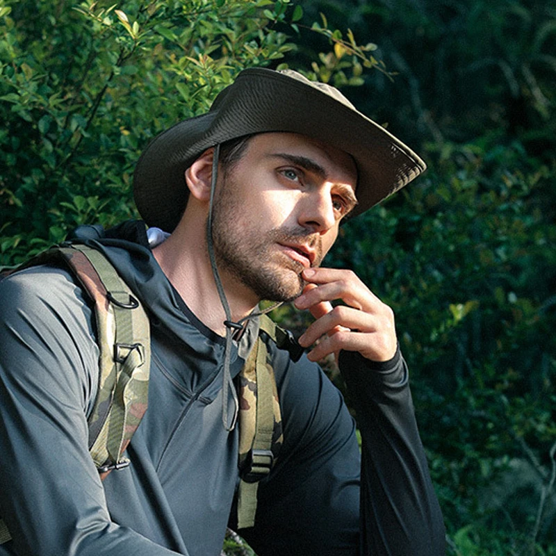 Männer Eimer Hut Sommer Leder Seil Kette Sonnenhut Wasserdichte Outdoor Wandern Angeln Kappe Uv Schützen Cowboy Hut Sonnenschirm Atmungsaktiv – Detail 12