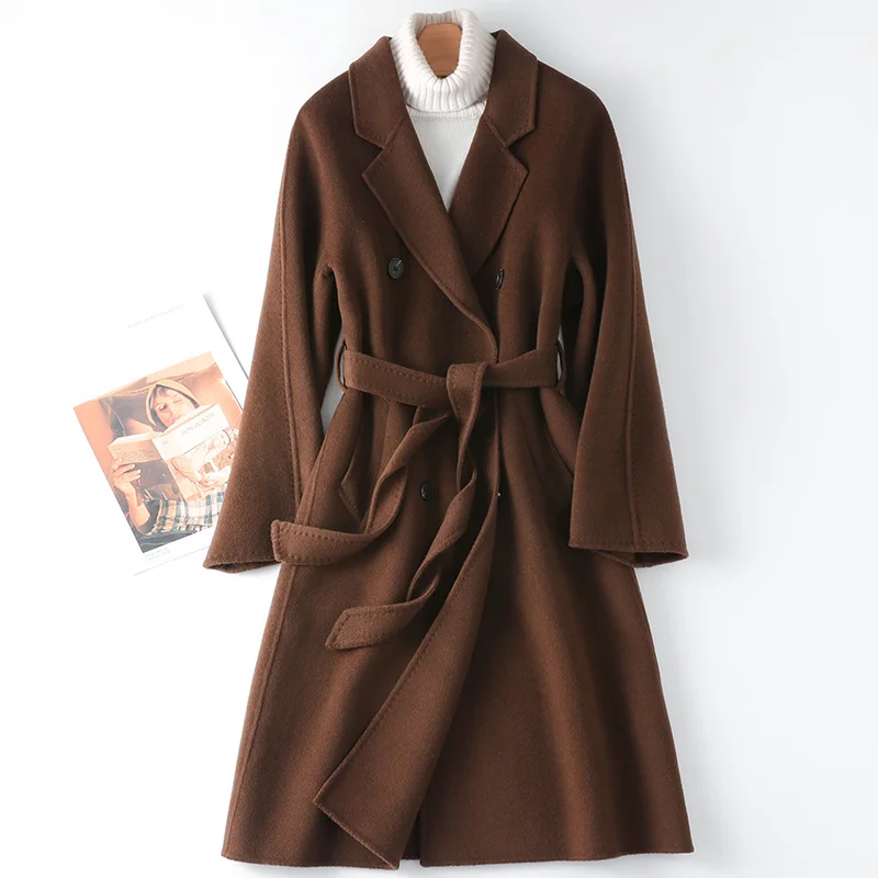 

2023 Chocolate Double Sided Cashmere Coat Women's Mid Length Autumn/winter New Hepburn Style Woolen Coat