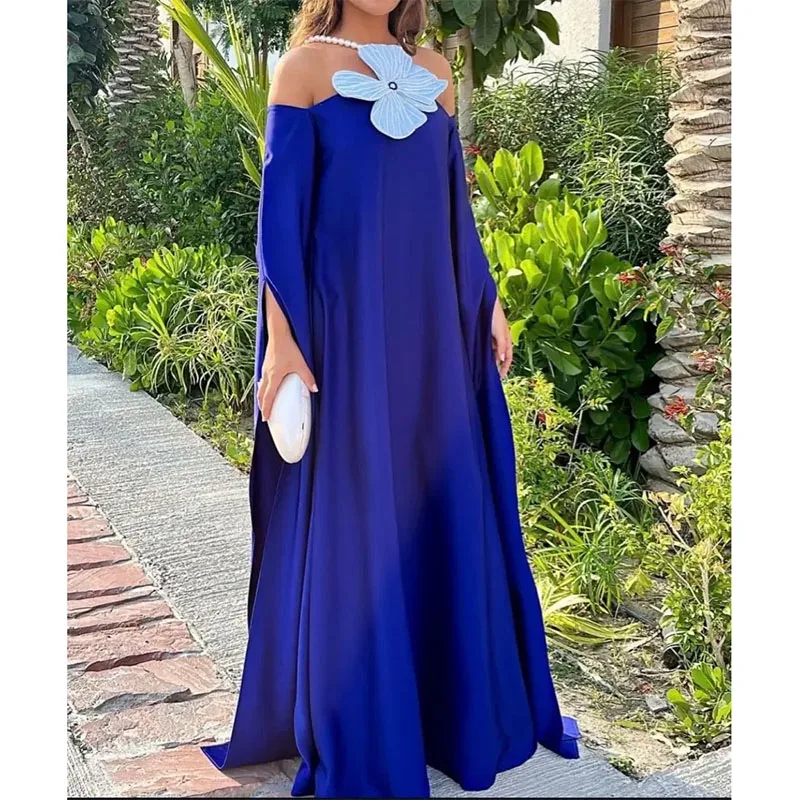

Saudi Arabia Evening Dresses Halter Neck Long Sleeves Prom Dresses Blue Party Gowns Robes de Floor Length Formal Occasion Dress