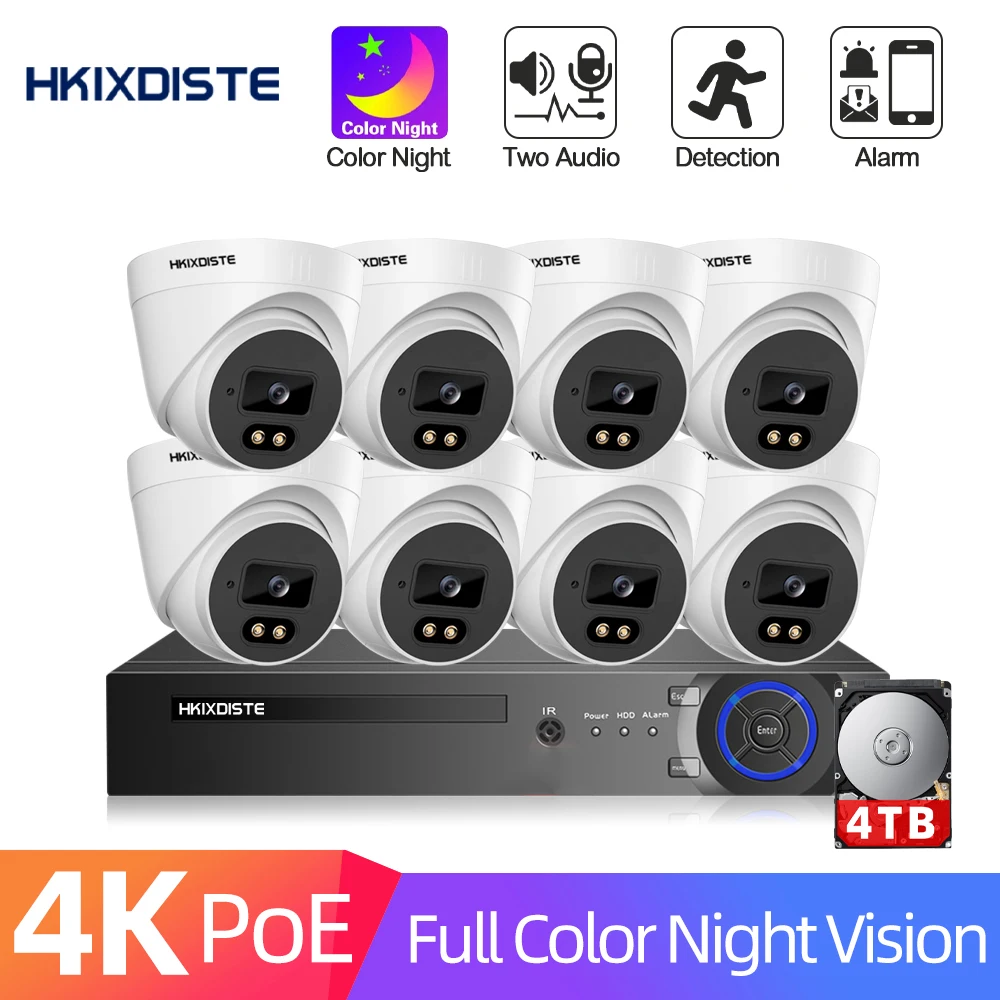 

HKIXDISTE 8MP Security Camera System 4K 4CH/8CH POE NVR Kit Indoor AI Detection IP Camera Night Vision CCTV H.265 CCTV Cam Set