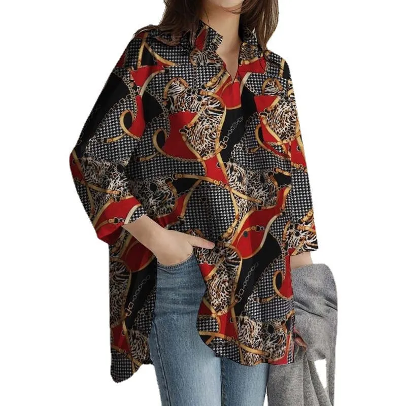Shirts For Women Tops Fashion Print Lapel Buttons Women Shirt Clothing Casual Streetwear Elegant Long Sleeve Loose Blouses Femme