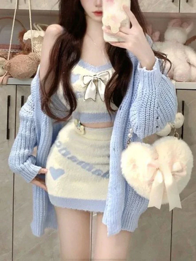 Winter Korean Elegant Three-piece Set Women Bow Knitted France Casual Skirts Set Female Warm Sweet Designer Vintage Skirts 2024