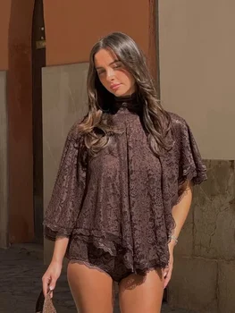 Sexy Lace High Neck Cape Top And Shorts Set Lace Up Cut Out Sleeveless Blouses Tight Fitting Shorts Suit Summer Vacation Outfit 1