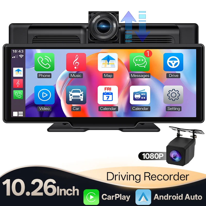 10.26” 4K DVR Portable Car Radio Wireless CarPlay Android Auto Dash Cam IPS Touc