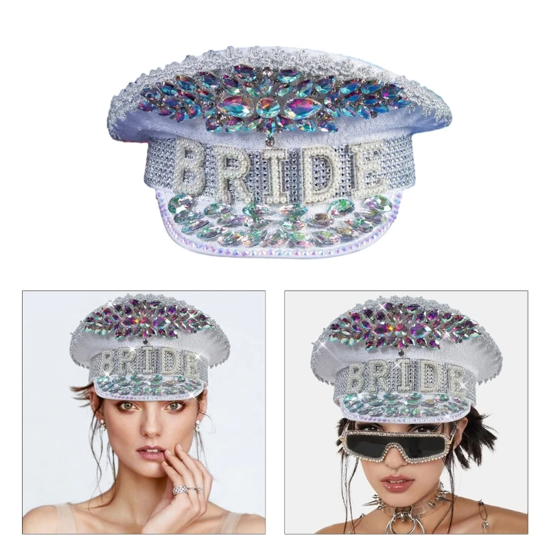 

Large Diamond Bride Hat Wedding Props White Sequins and Encrusted Pearls for Wedding Engagement Bachelorette Party