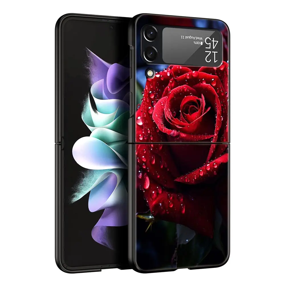 Elegant Red Rose Floral Phone Case - Black Hard Folding Cover