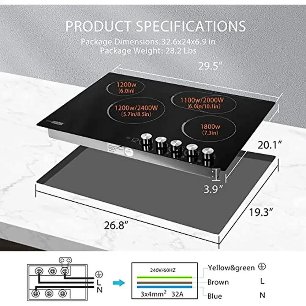 29 Inch 4-Burner Electric Cooktop with 5 Heat Levels and 90-min Timer Smoothtop Ceramic Glass Kitchen Appliance Digital Control 6