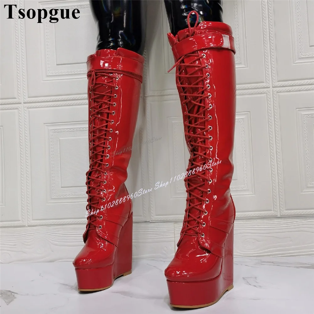 

Cross-Tied Red Platform Patent Leather Hook Belt Boots Wedges Heel Women Shoes Round Toe 2024 Fashionable Zapatos Para Mujere