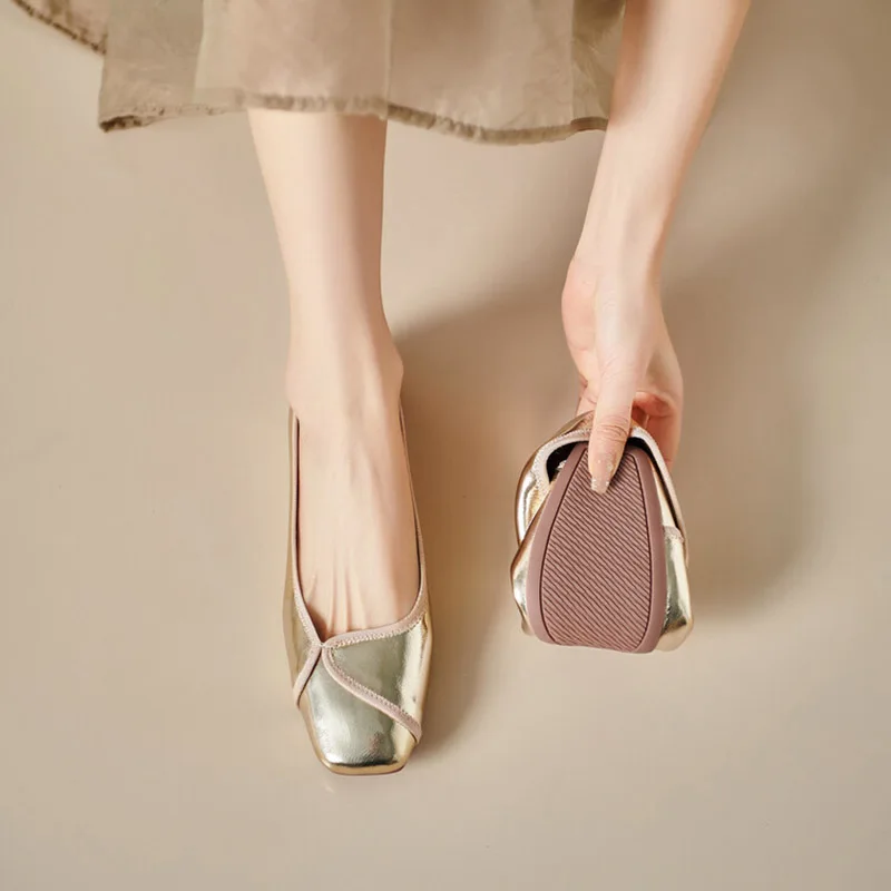 

Phoentin 2024 new soft flats for Women Genuine leather comfortable low heels elegant lady party slip-on pumps gold silver FT3298