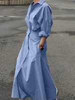 Modigirl Women Casual Long Shirts Dresses 2025 Summer Spring Clothes Khaki Puff Sleeves Botton Simple Maxi Dresses for Women - Image 5
