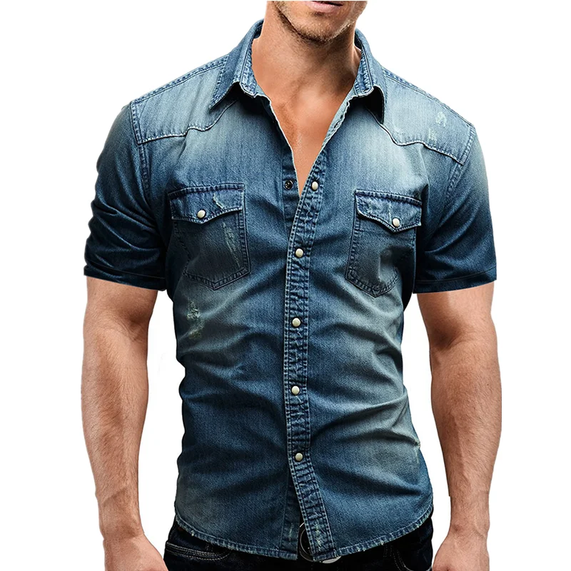 

Slim Denim Elastic Cowboy Cotton Shirt Clothing Shirt Pockets Men Thin Sleeve Two Slight 2022 Summer Jeans Soft Short