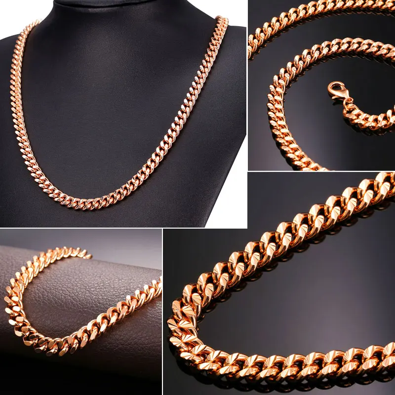 U7 Curb Chain Necklace Hollow Miami Cuban Link Chain For Men Gift 6mm Choker Wholesale Gold Color Hip Hop Jewelry