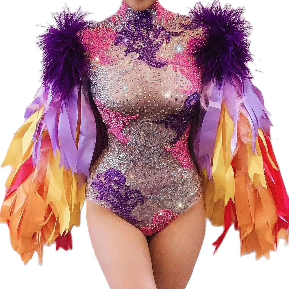 

Sparkly Colorful Diamonds Women Leotard Purple Feather Ribbon Bodysuits Nightclub Stage Costumes Wear Drag Queen Outfit Dancer