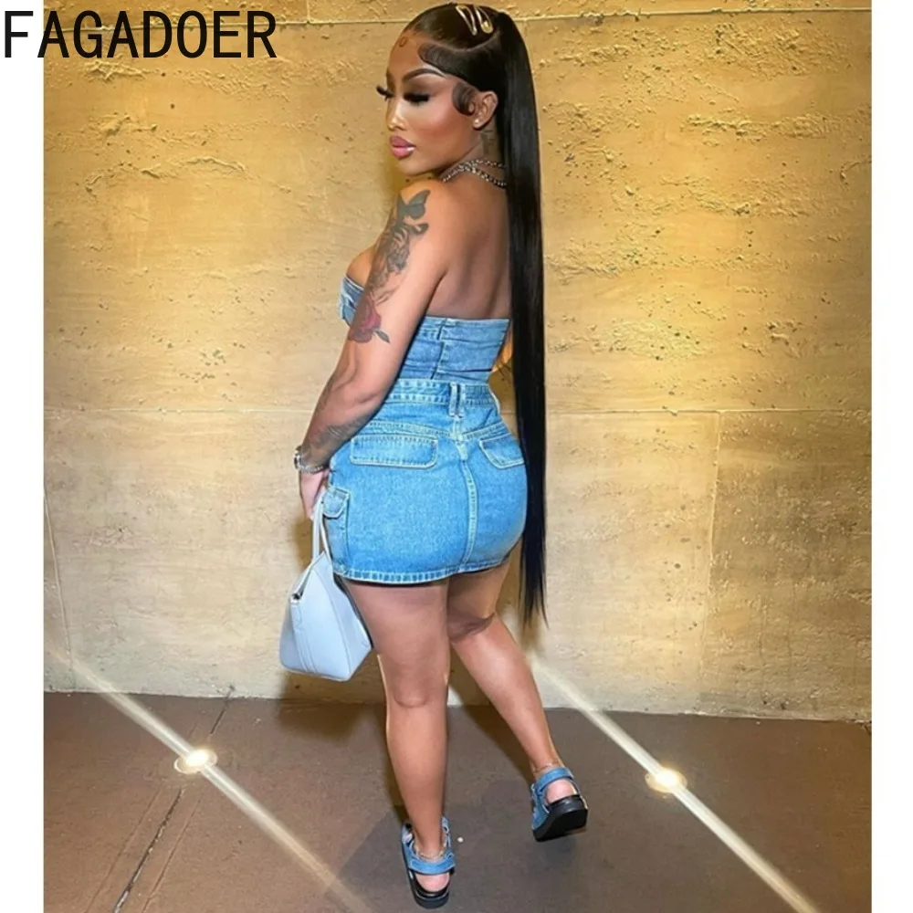 FAGADOER Blue Fashion Denim Elasticity Two Piece Sets Women Sleeveless Tube And Mini Skirts Outfits Sexy Cowboy 2pcs Streetwear