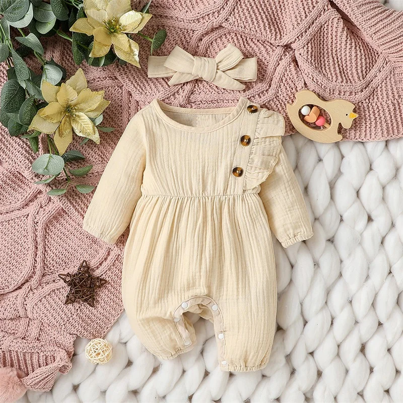 

Newborn Infant Girl Rompers Solid Color Ruffles Buttons Crew Neck Long Sleeve Baby Jumpsuits Newborn Clothes with Headband