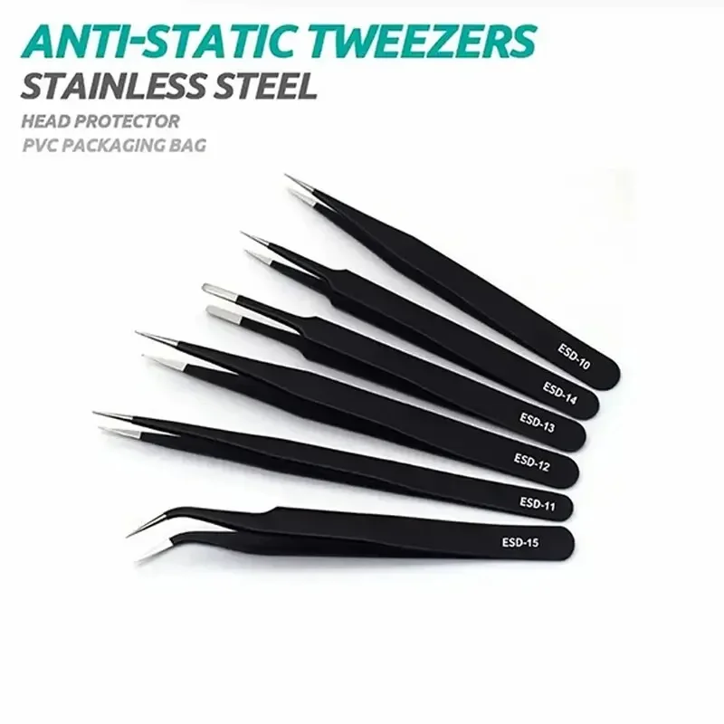 6pcs Anti-static ESD Stainless Steel Tweezers Precision Maintenance Industrial Repair Bending Tools for Home Work Model Making