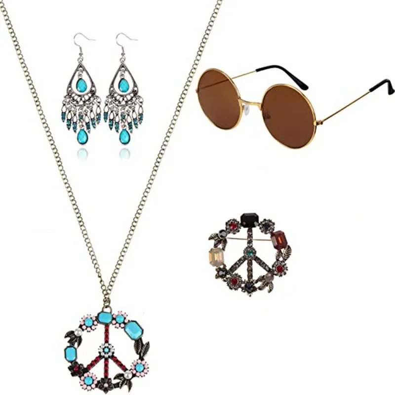 Set Accessori Hippie Anni '60-'70 - Occhiali Rotondi, Collana Pace E Corona Fiori Per Capelli | Per Feste E Costumi - Foto 4