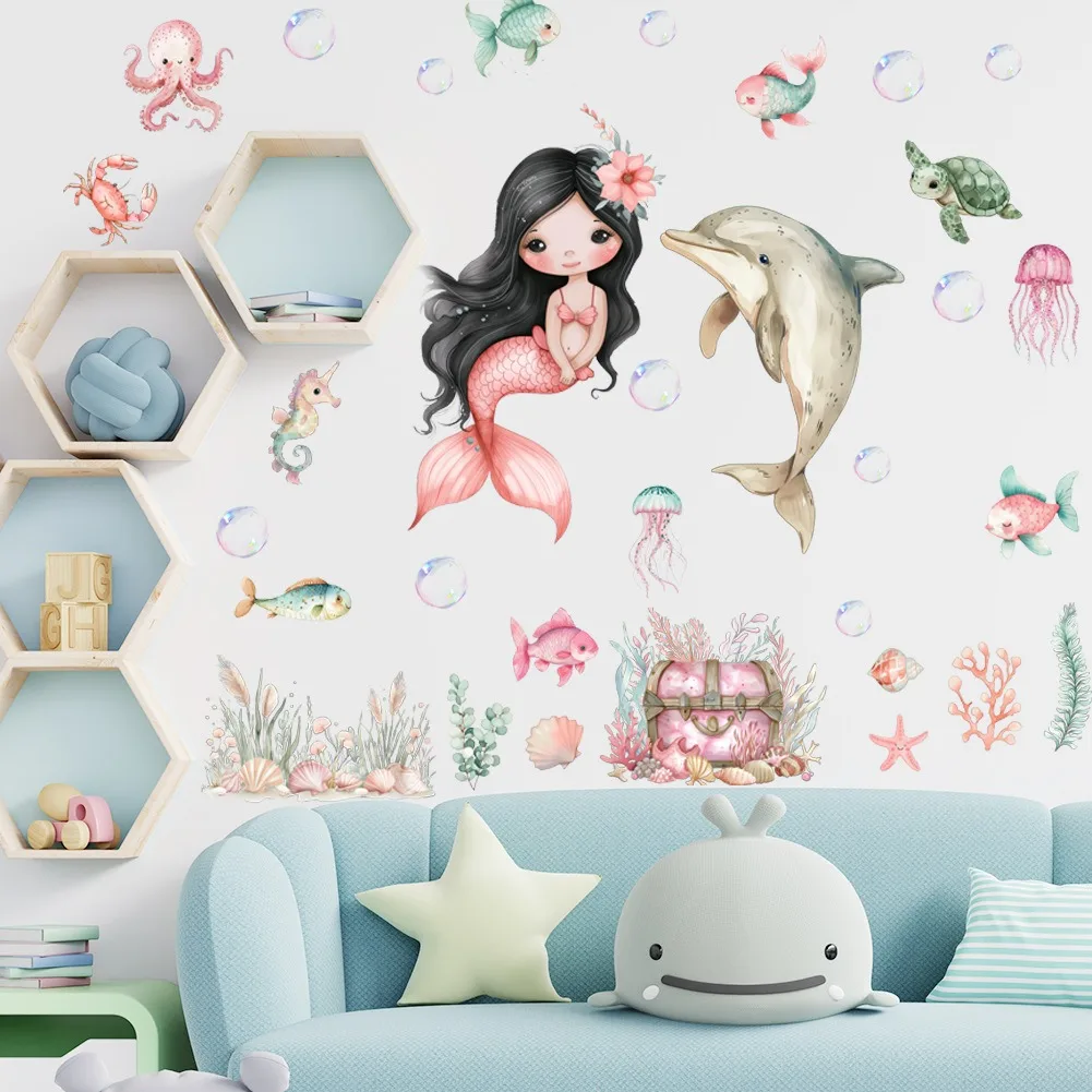 Cartoon Underwater World Mermaid Wall Stickers Fun Home Decor Living Room and Bedroom Decoration wall stickers wall sticker