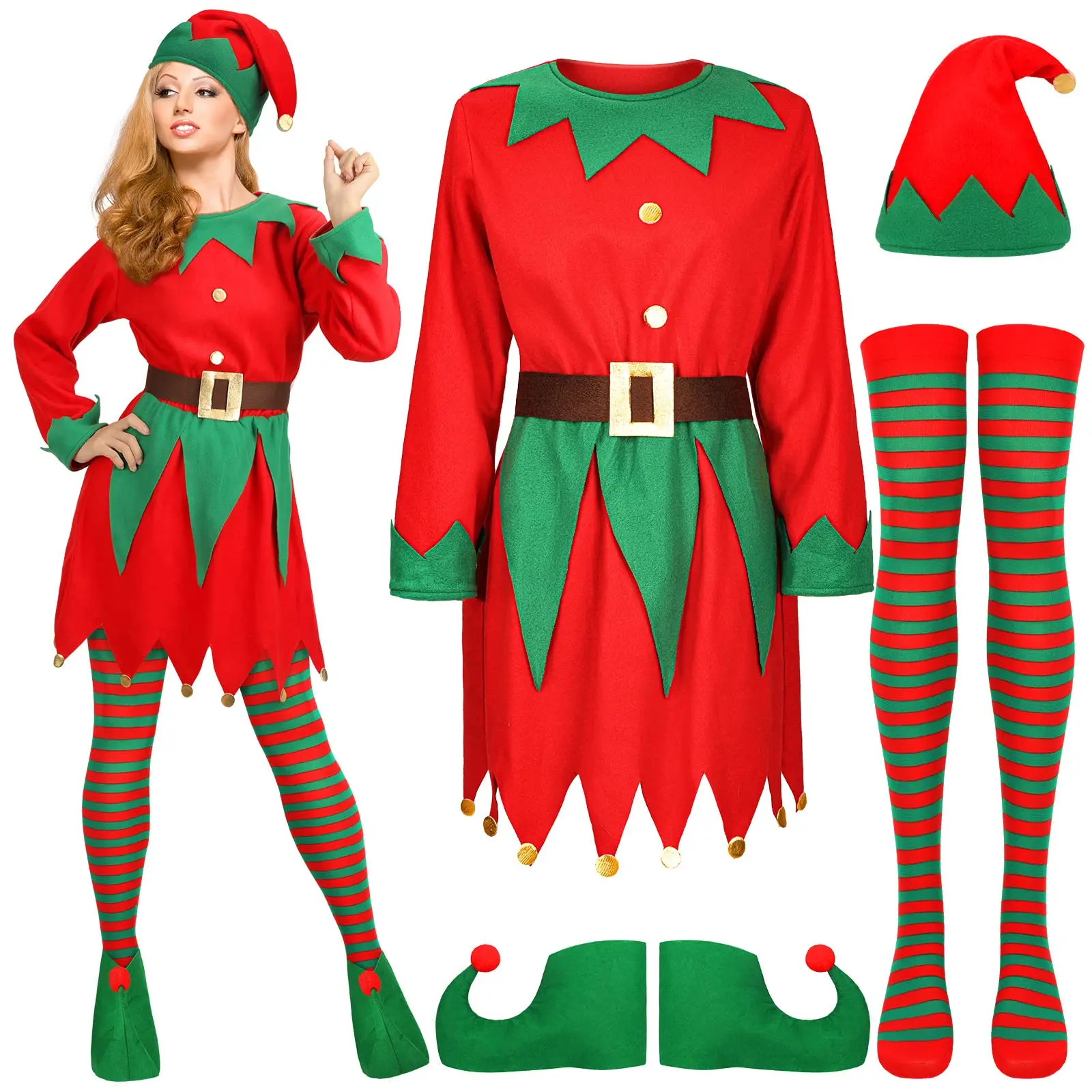 Disfraz De Elfo Navideño Para Hombre Y Mujer – Conjunto Completo Con Gorro Y Bastón