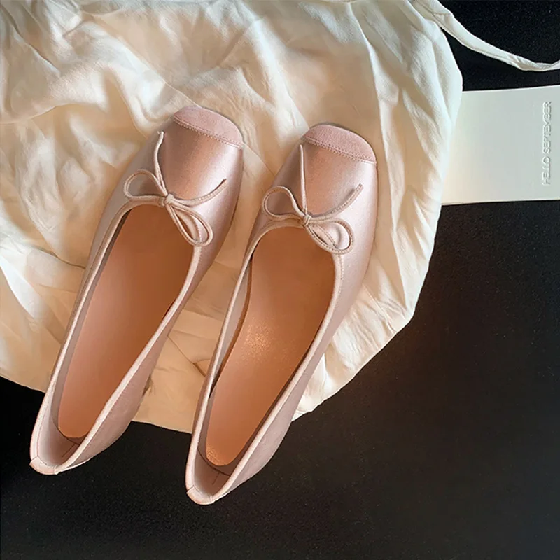 Doudou Single Shoes Women's 2024 Summer New Bow Shallow Mouth Ballet Pregnant Women's Flat Shoes Ladle Shoes butterfly round toe ballet shoes 2024 new women shallow genuine leather flat with ballet shoes fashion mixed color slip on shoes