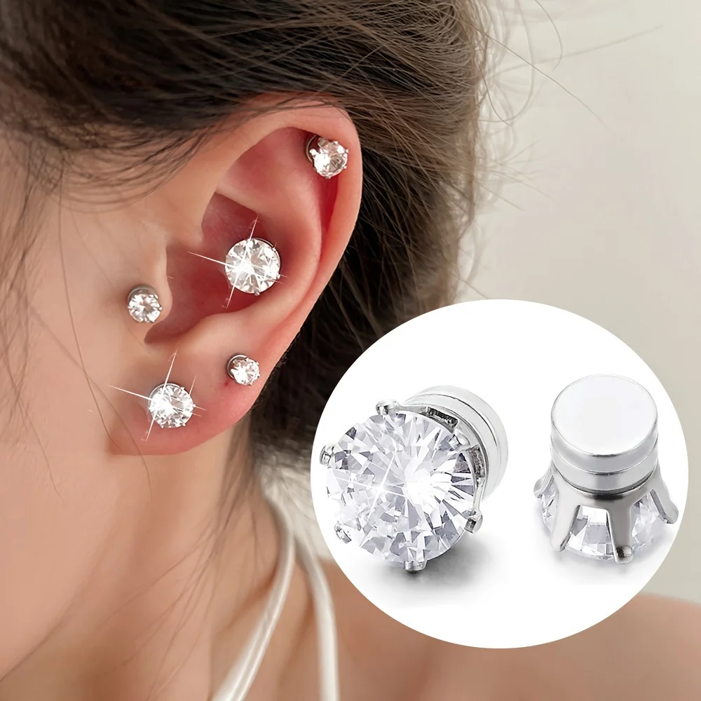 1 Pair Mens Womens Magnetic 8mm Color Cubic Zirconia Stud Earrings Steel Non-Piercing Clip On Fake Ear Piercing Jewelry