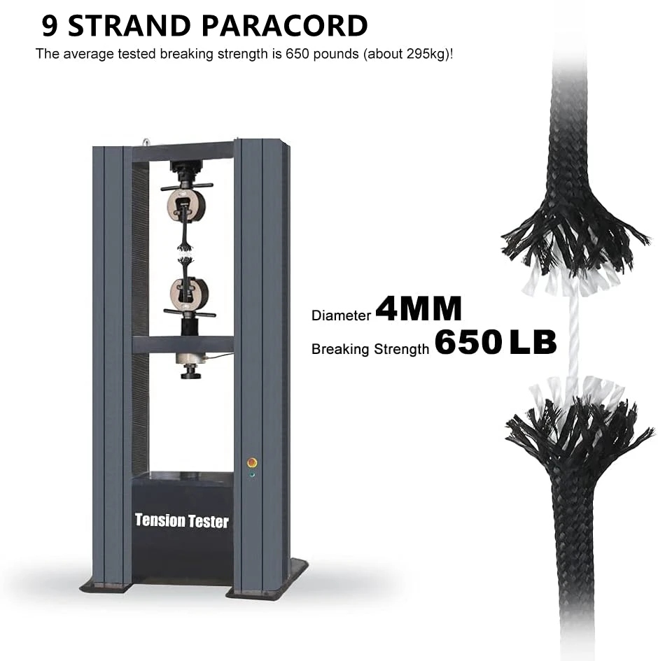 This 9-Core 650lb Paracord is a durable and versatile rope designed for outdoor, tactical, and DIY applications. Made with nine inner strands, it offers exceptional strength and flexibility, handling up to 650 pounds of tension. The 4mm diameter provides 3