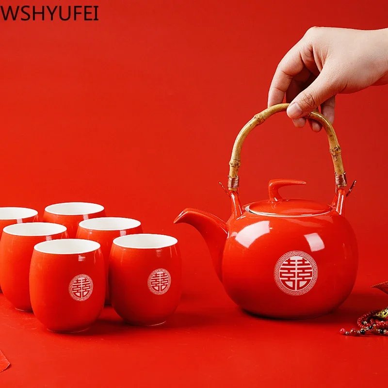 WSHYUFEI Ceramic Red Wedding Teapot Gifts Porcelain Chinese style wedding tea set porcelain teapot set filter Luxury Gift