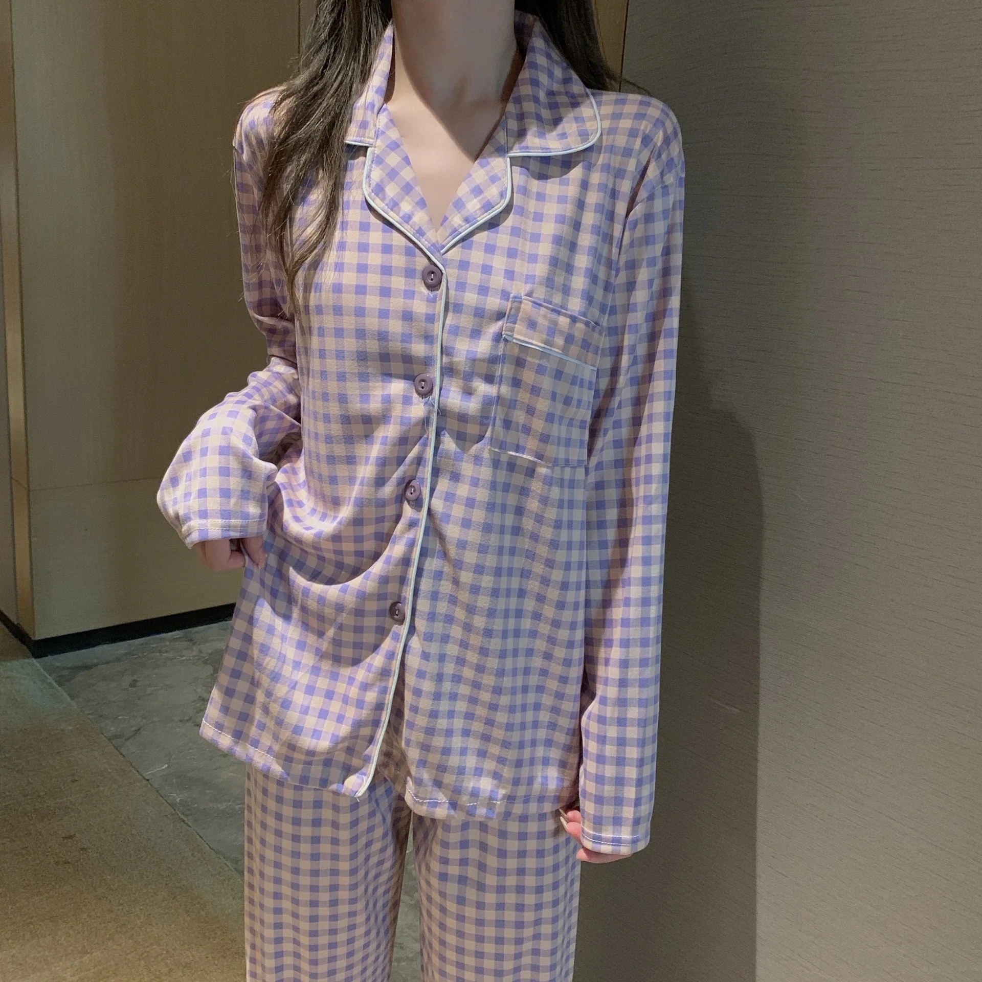 New style pajamas women's spring and autumn cardigan small lapel button milk silk Korean women's home suit evening dress