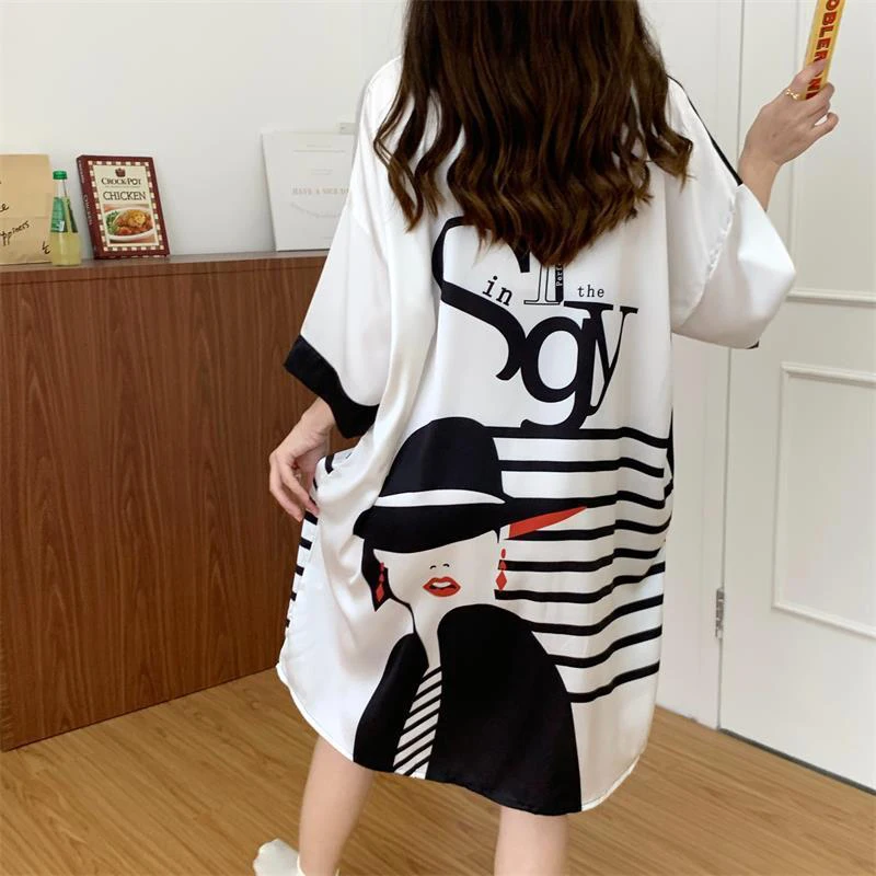 Summer Loose Casual Printing Sleep Robes Women's Short Sleeve Trend Fashion Buttons Homewear Female Oversized Print Shirt Dress