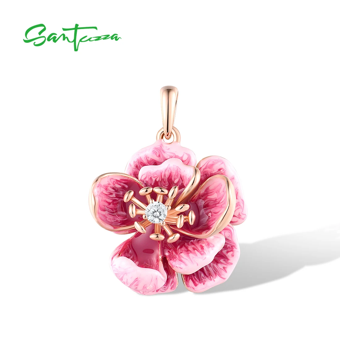 SANTUZZA 925 Sterling Silver Pendant for Women White CZ Pink Enamel Flower Sweet Party Wedding Gift Trendy Fine Jewelry