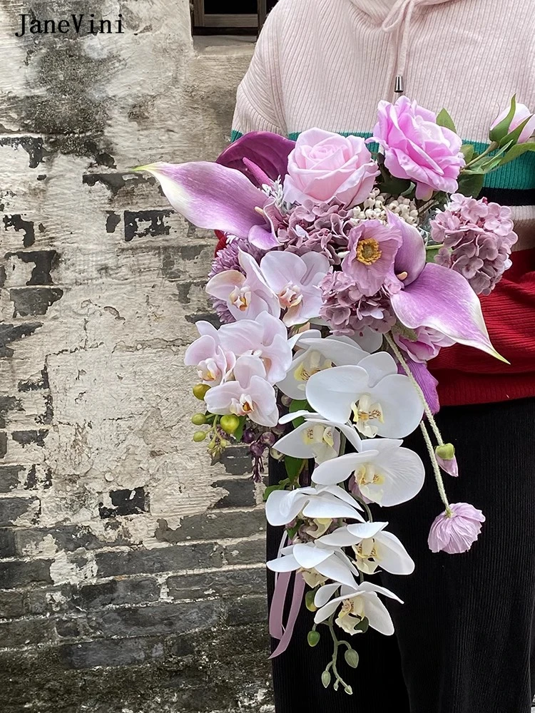 JaneVini luksusowy fioletowy wodospad bukiety ślubne sztuczne jedwabne kwiaty ćma orchidea kaskadowa bukiet panny młodej akcesoria ślubne