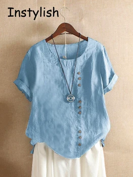 Vintage Harajuku Button T Shirt Casual Summer Short Sleeve Cotton Linen Solid Loose Blouse Elegant Oversize Tee Shirt Streetwear 1