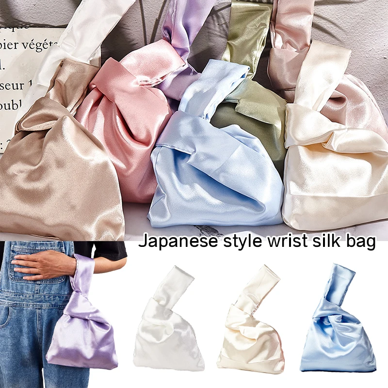 

Japanese Style Wrist Bag Women Vintage Silky Tote Handbag Female Cloth Art Wrist Bag Coin Purse Knot Bag Girl Key Phone Pouch