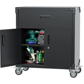 Metal Storage Cabinet with Wheels, Mobile Metal Garage Cabinet with 1 Drawer and 2 Locking Doors,Rolling Tool Storage Chest 1