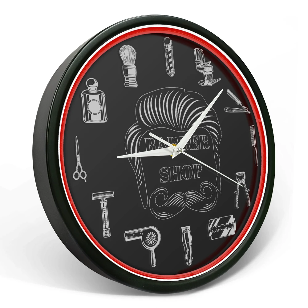 Barber Shop Red Neon Logo Metal Frame Wall Clock for Man Cave Barbering Business Sign Flexible Flex illuminated Neon Wall Clock