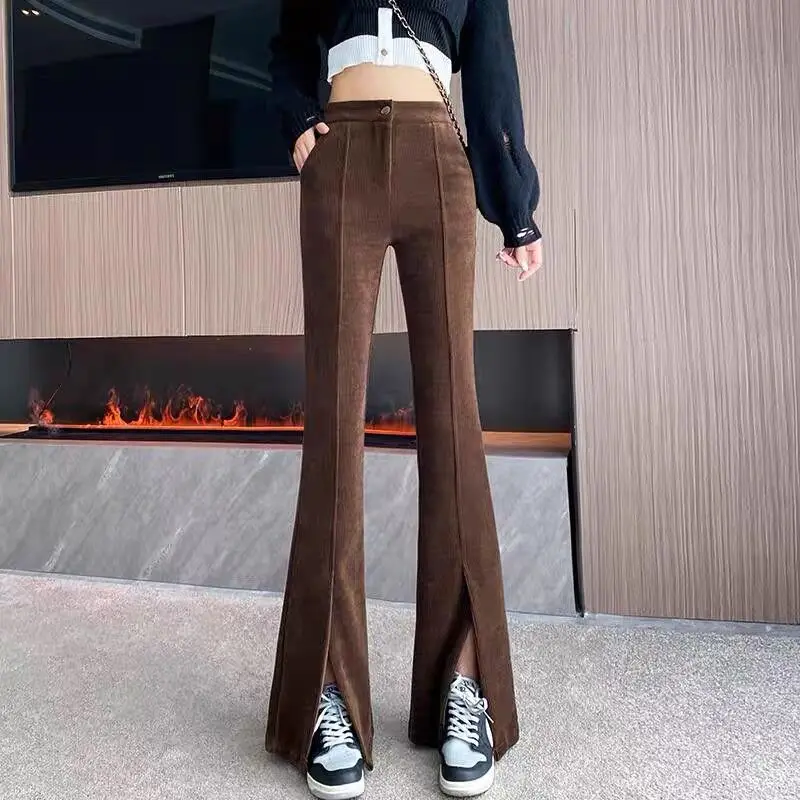 Winter Corduroy Warm Full Long Pants Flare Split Boot Cut Pockets Elastic High Waist Trousers Plus Size Streetwear Office Work