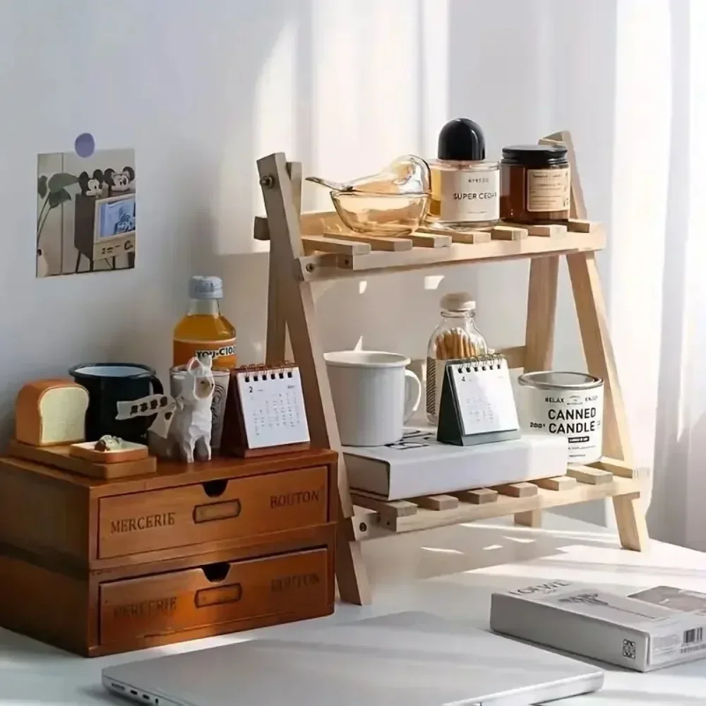 Wooden Storage Shelf 2-Tiers Desktop Organizer Shelf Office Trapezoidal Desk Display Rack Desktop Stationary Office Storage Rack