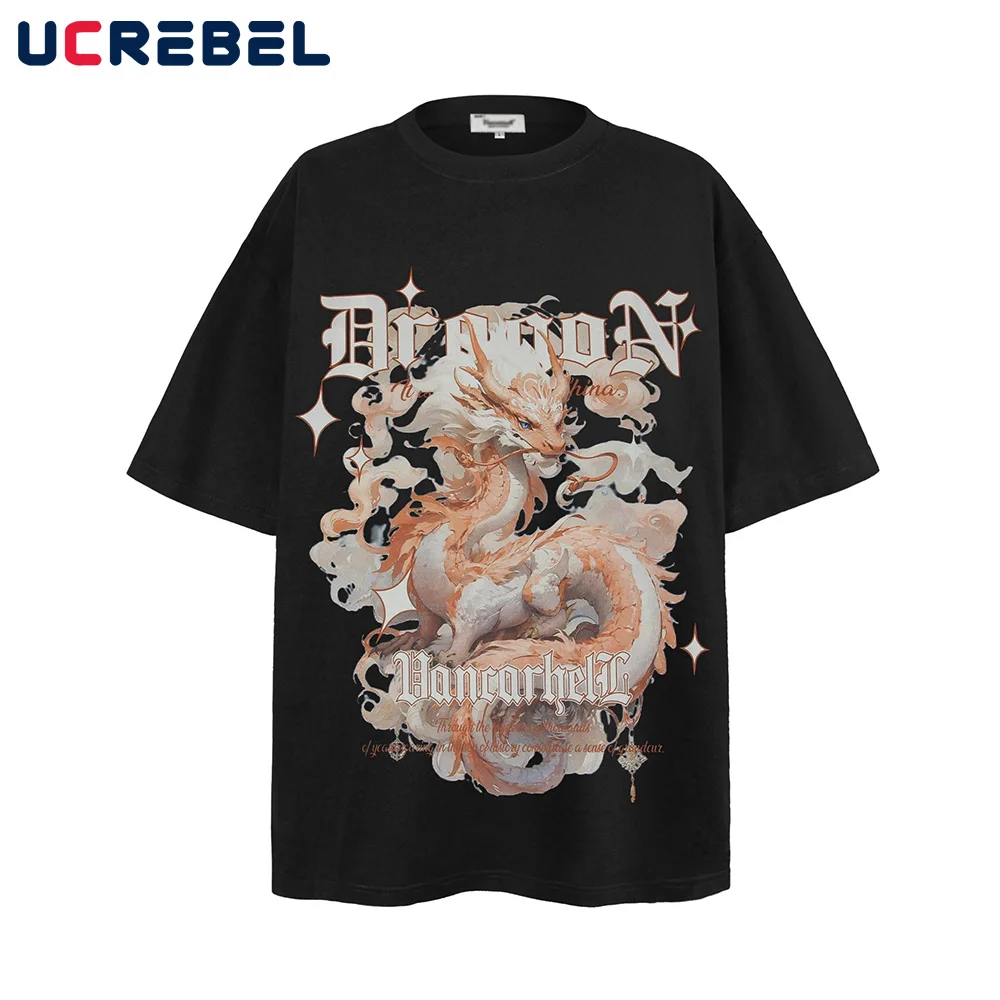 Dragon-Print-Short-Sleeve-T-shirt-Mens-Summer-Streetwear-Crew-Neck-Half ...