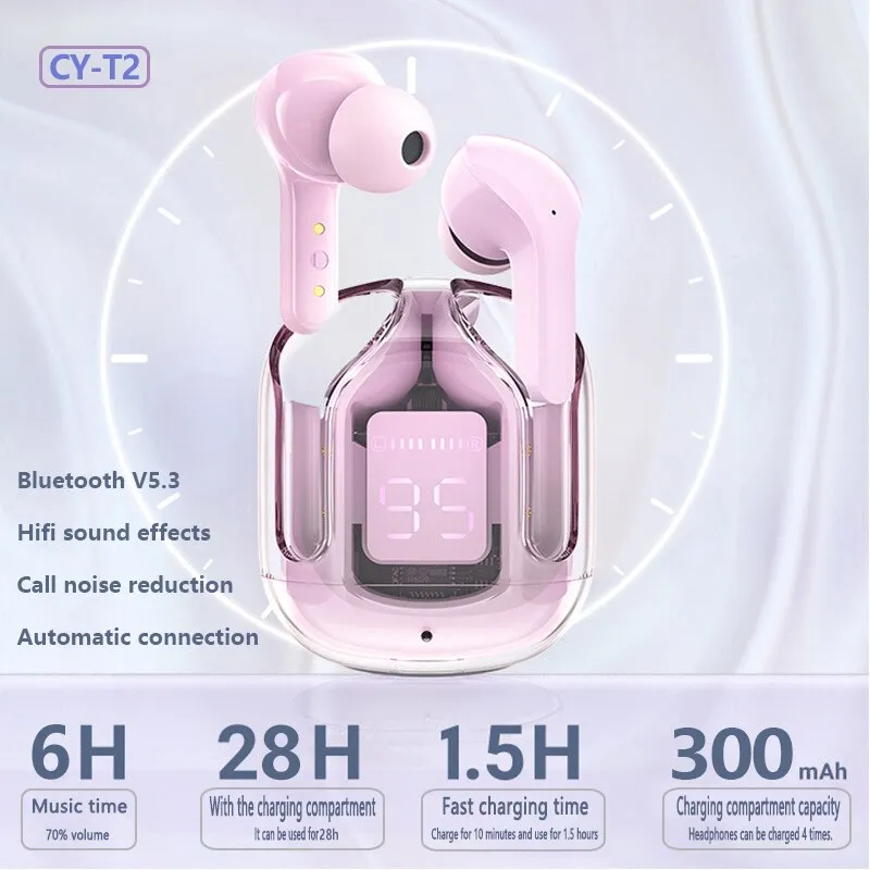  CY-T2 Wireless Bluetooth Headset Transparent ENC Headphones LED Power Digital Display Stereo Sound Earphones for Sports Working 