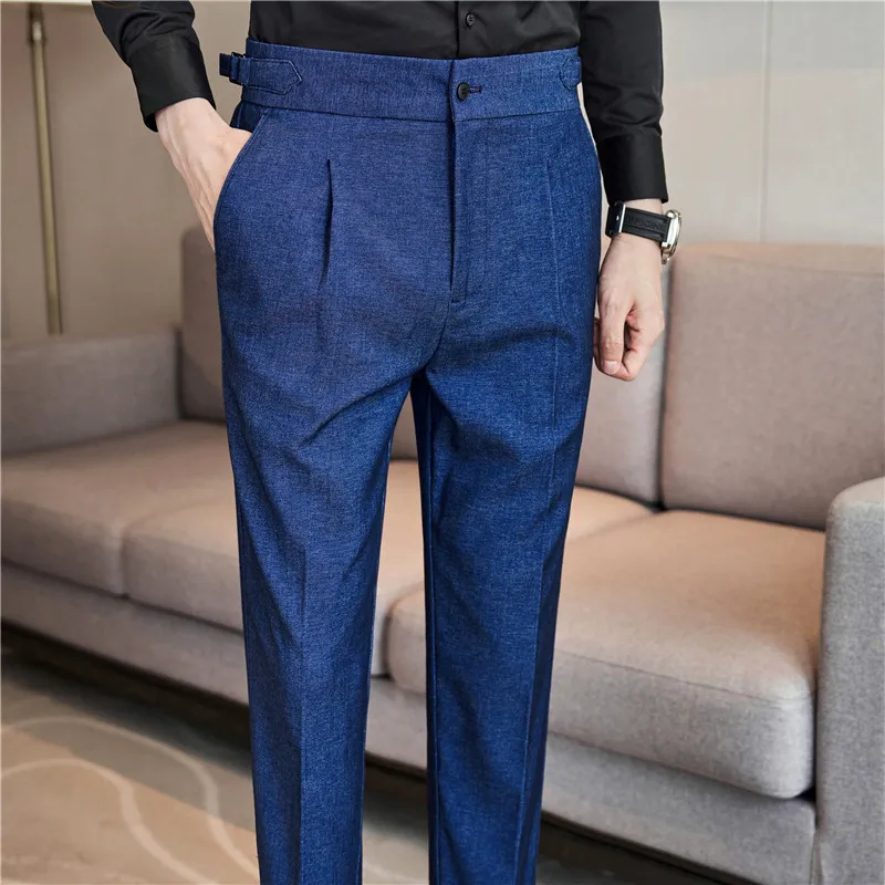 

Denim Blue Business Dress Pants Men Casual Slim Fit Suit Pants High Waist Office Social Trousers Streetwear Wedding Men Clothing