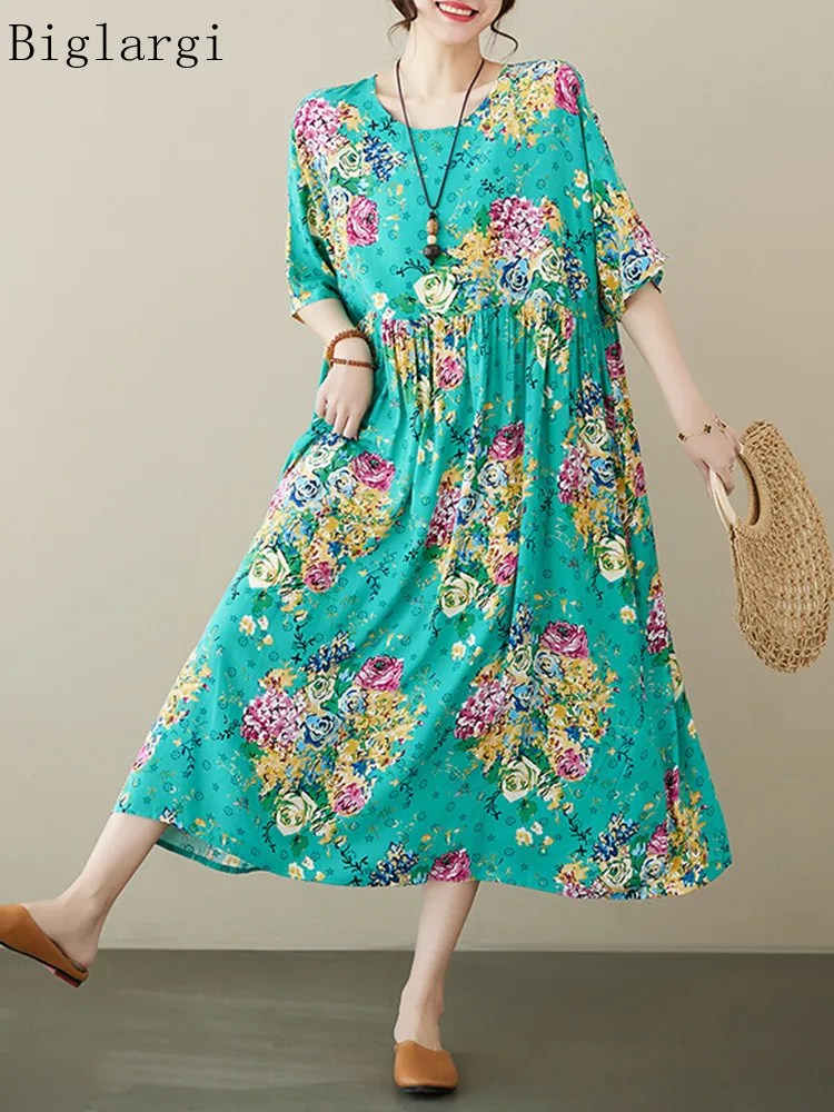 OversizedSummerFloralLongDressWomenCasualFlowerPrintRufflePleatedLadiesDressesLoose
