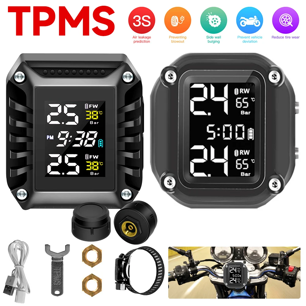 Motorcycle Wireless Tire Pressure Monitoring System, USB Rechargeable TPMS  for Motorcycle with 2 External Sensors Digital 1.5 LCD Display, Two