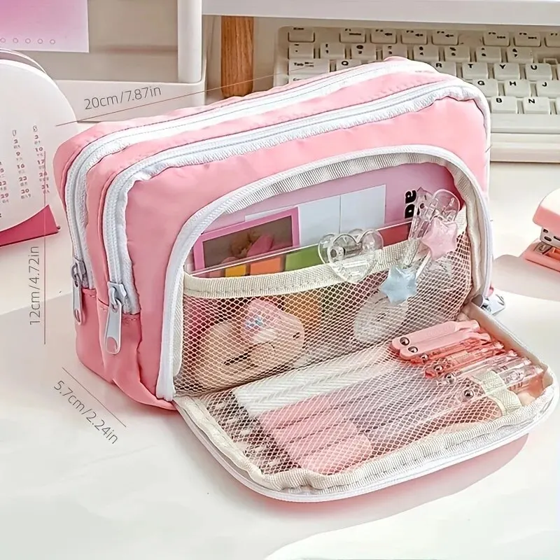 Kawaii 학생용 대용량 한국 정리함 파우치, 귀여운 필통, 3 레이어 펜 가방, 학용품 문구