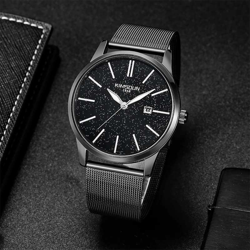 Black Starry Sky Watch For Men Fashion Black Steel Mesh Strap Quartz Wristwatch Business Simple Ultrathin Round Case Clock 2023 starry sky pattern printing tpu soft cell phone case for samsung galaxy a52 4g 5g a52s 5g crash