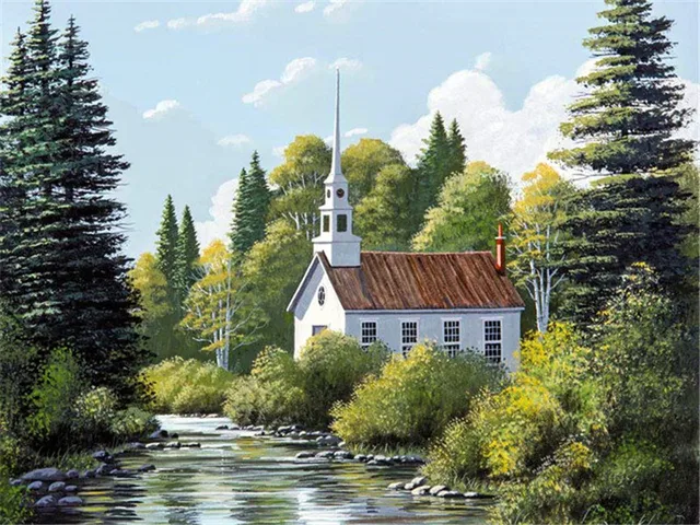 Rural Riverside Church Painting By Numbers Set