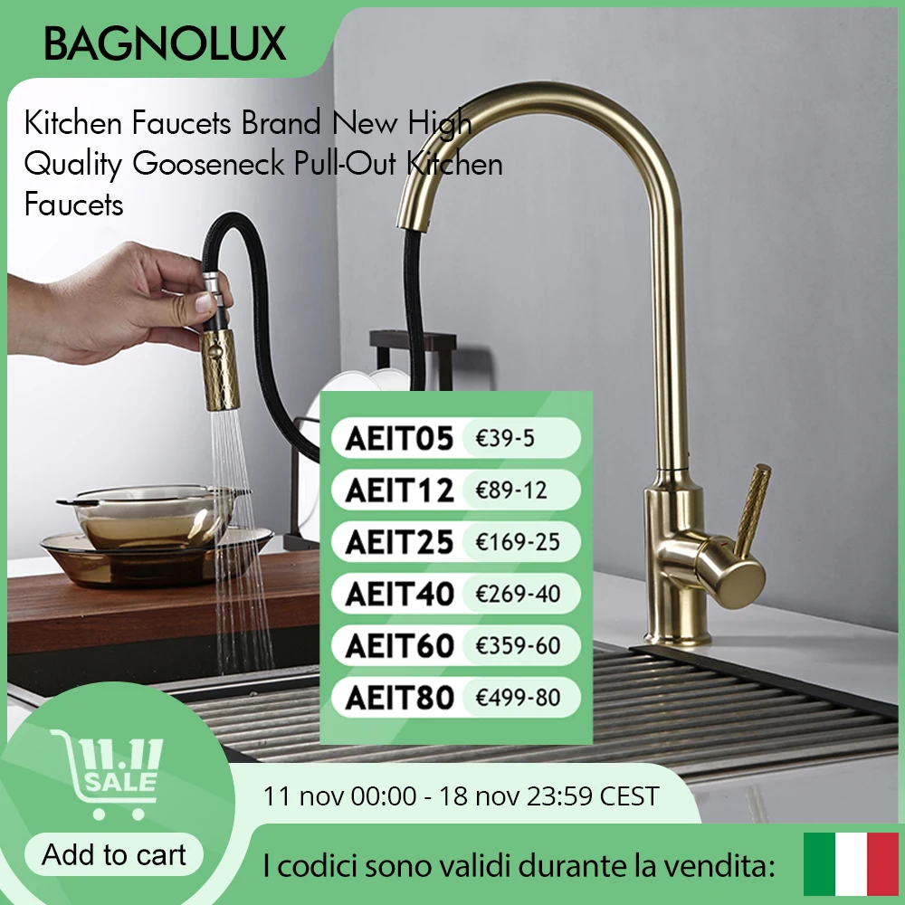 Bagnolux Brushed Gold Brass Kitchen Faucet NEW Premium Gooseneck Pull Out Kitchen Faucet Sink Mixer Tap Solid Brass Construction