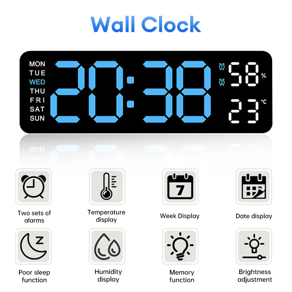 Digital Wall Clock Large Temp Date Week Display 12/24 Hour Wall-mounted Alarm Clock USB Dimming Electronic Home Decor