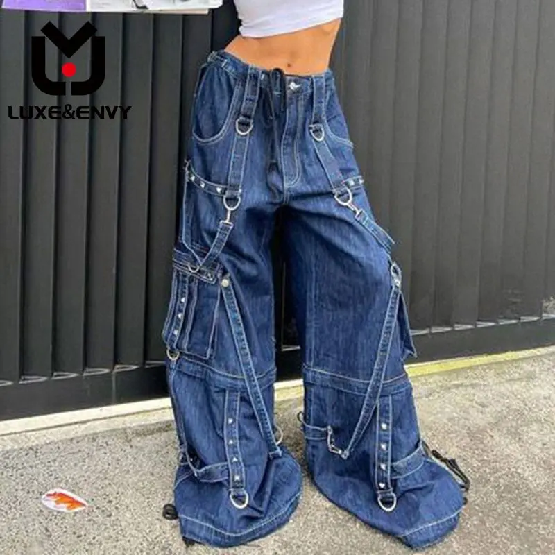 

LUXE&ENVY Strap Set Sensation High Street Trend Spicy Denim Upscale Personality Street Shoot Handsome Bf Style Pants 2023 Autumn