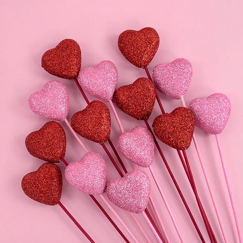 

10Pcs Glitter Foam Heart Picks Stick for Valentine's Day Gift Vase Decoration Birthday Party Cake Toppers Wedding Flower Bouquet